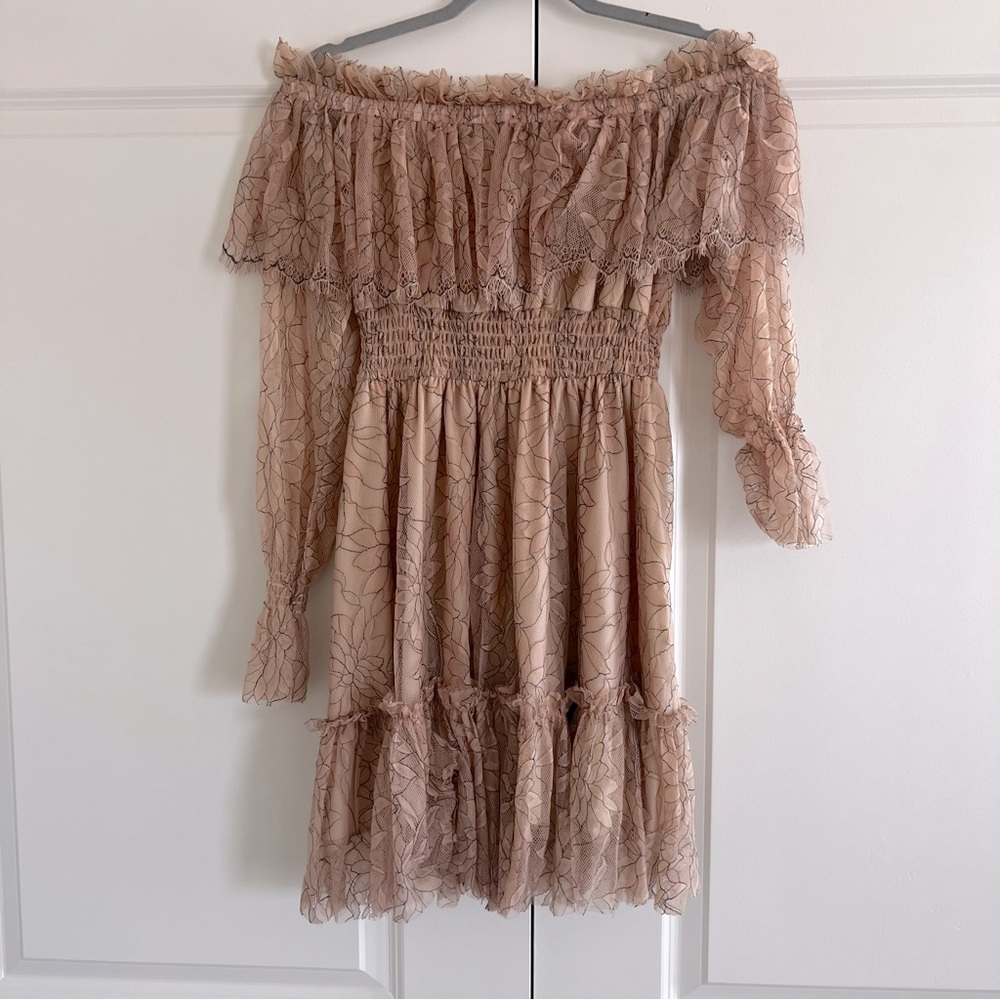 Off Shoulder Lace Mini A-line Mesh Sheer Long Sleeve Casual Cocktail Dress